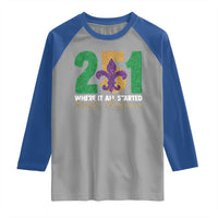 Funny Mardi Gras Mobile Alabama 251 Raglan Shirt Where It All Started Area Code Glitter Print