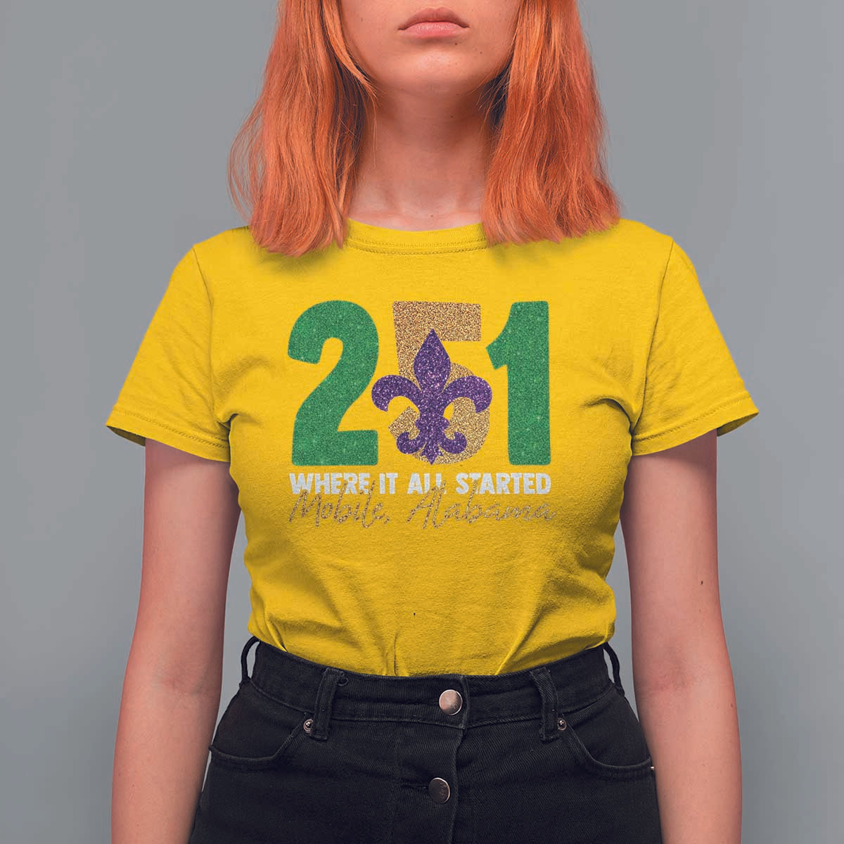 Funny Mardi Gras Mobile Alabama 251 T Shirt For Women Where It All Started Area Code Glitter Print