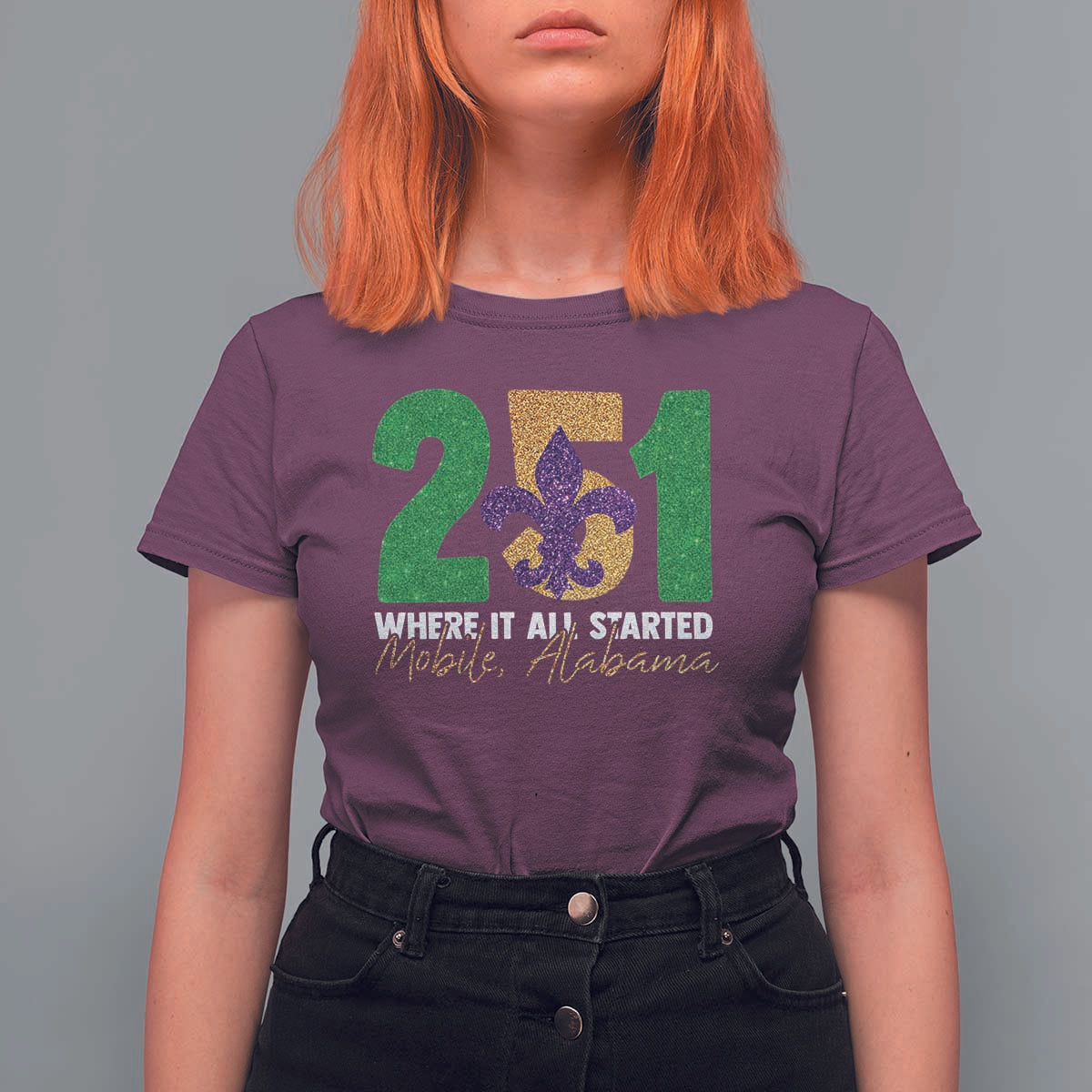 Funny Mardi Gras Mobile Alabama 251 T Shirt For Women Where It All Started Area Code Glitter Print