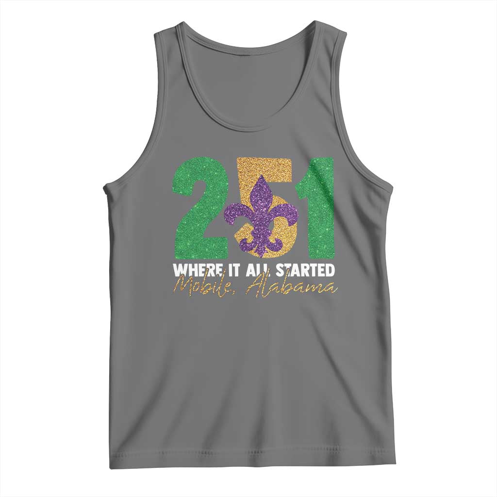 Funny Mardi Gras Mobile Alabama 251 Tank Top Where It All Started Area Code Glitter Print