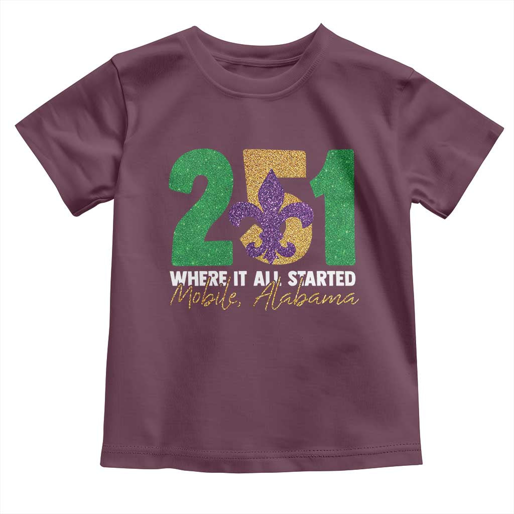 Funny Mardi Gras Mobile Alabama 251 Toddler T Shirt Where It All Started Area Code Glitter Print