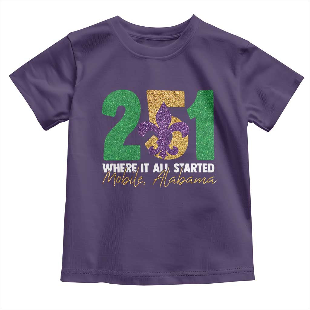Funny Mardi Gras Mobile Alabama 251 Toddler T Shirt Where It All Started Area Code Glitter Print