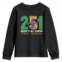 Funny Mardi Gras Mobile Alabama 251 Youth Sweatshirt Where It All Started Area Code Glitter Print