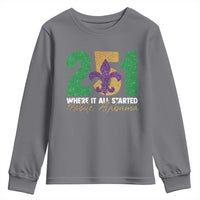 Funny Mardi Gras Mobile Alabama 251 Youth Sweatshirt Where It All Started Area Code Glitter Print