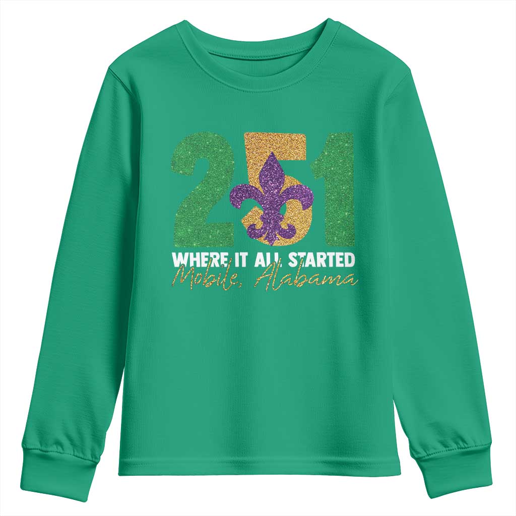 Funny Mardi Gras Mobile Alabama 251 Youth Sweatshirt Where It All Started Area Code Glitter Print