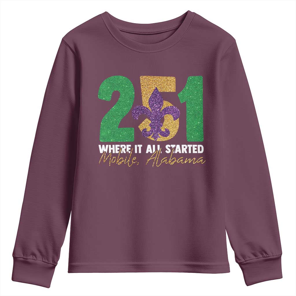 Funny Mardi Gras Mobile Alabama 251 Youth Sweatshirt Where It All Started Area Code Glitter Print