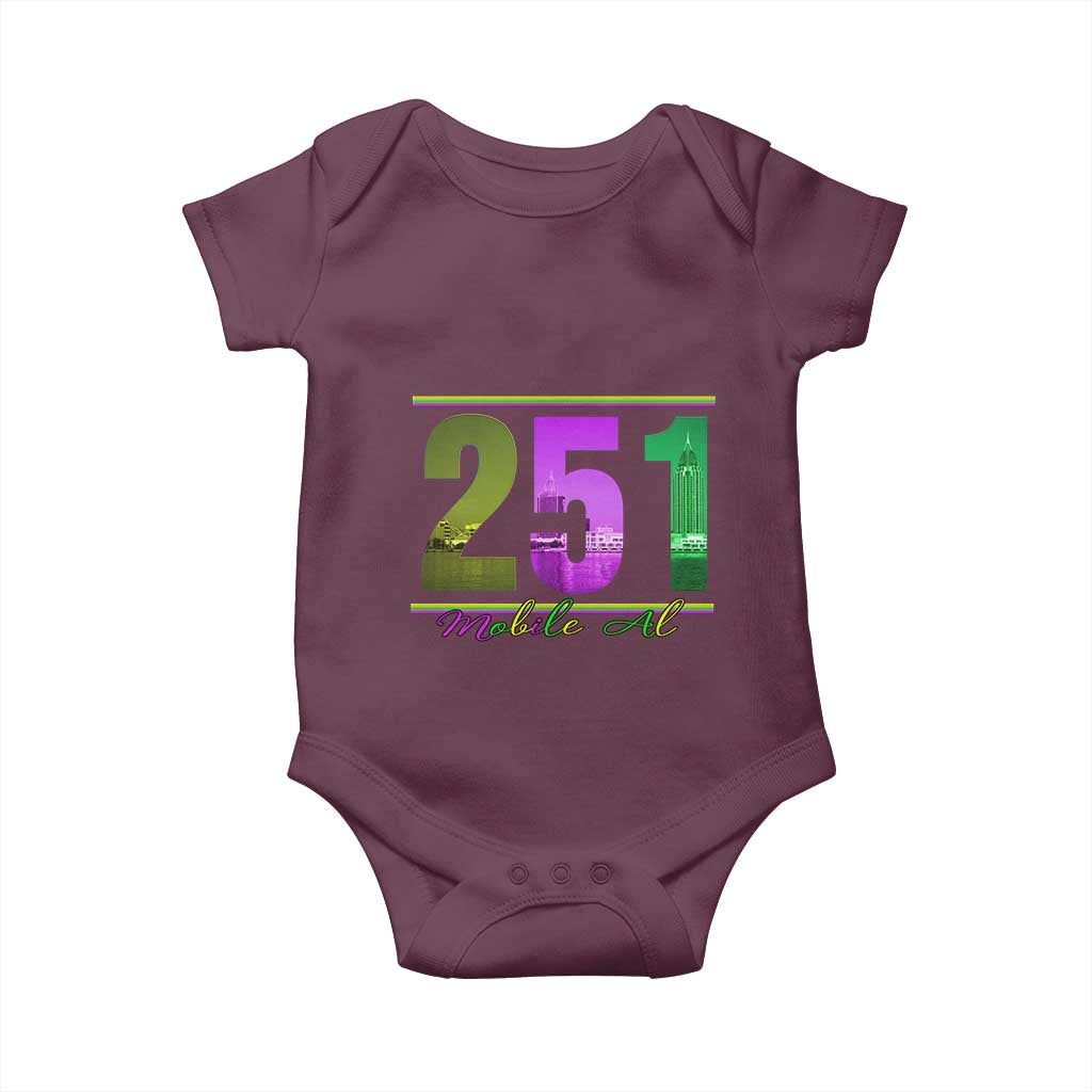 Funny Mardi Gras In Mobile Alabama 251 Baby Onesie Skyline Area Code