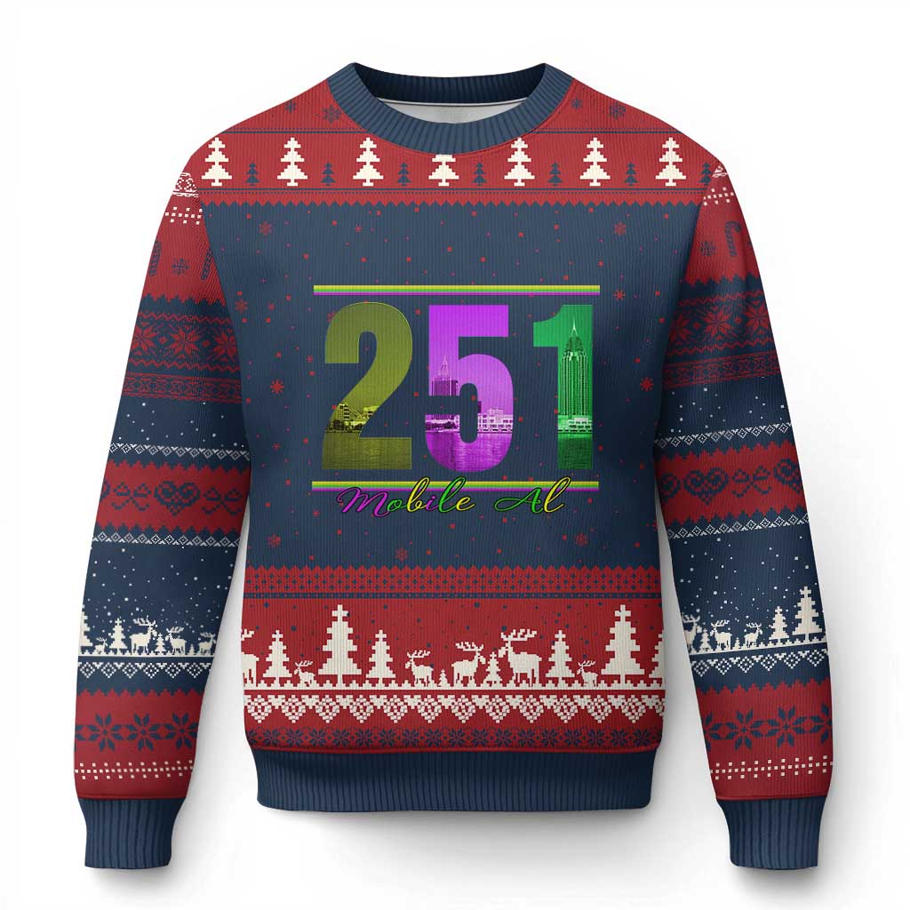 Funny Mardi Gras In Mobile Alabama 251 Ugly Christmas Sweater Skyline Area Code