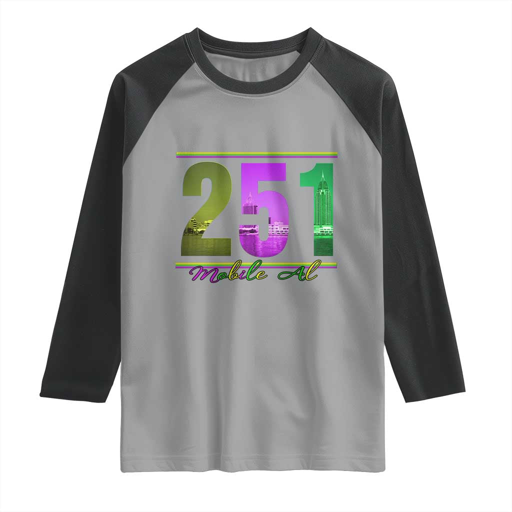 Funny Mardi Gras In Mobile Alabama 251 Raglan Shirt Skyline Area Code