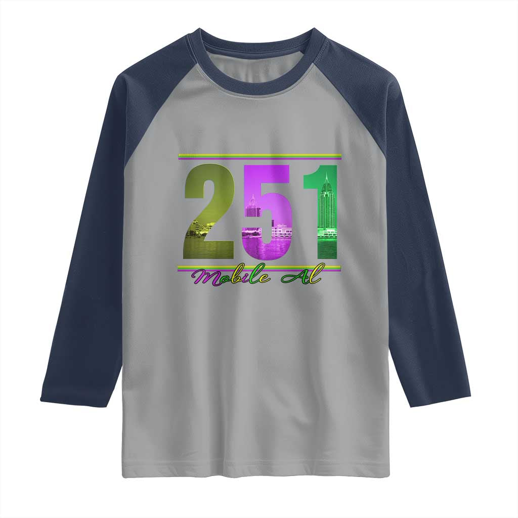 Funny Mardi Gras In Mobile Alabama 251 Raglan Shirt Skyline Area Code
