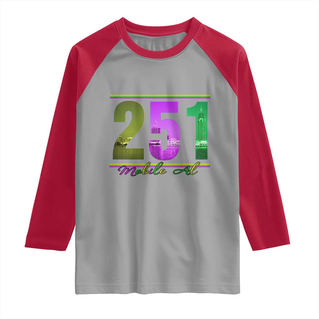 Funny Mardi Gras In Mobile Alabama 251 Raglan Shirt Skyline Area Code