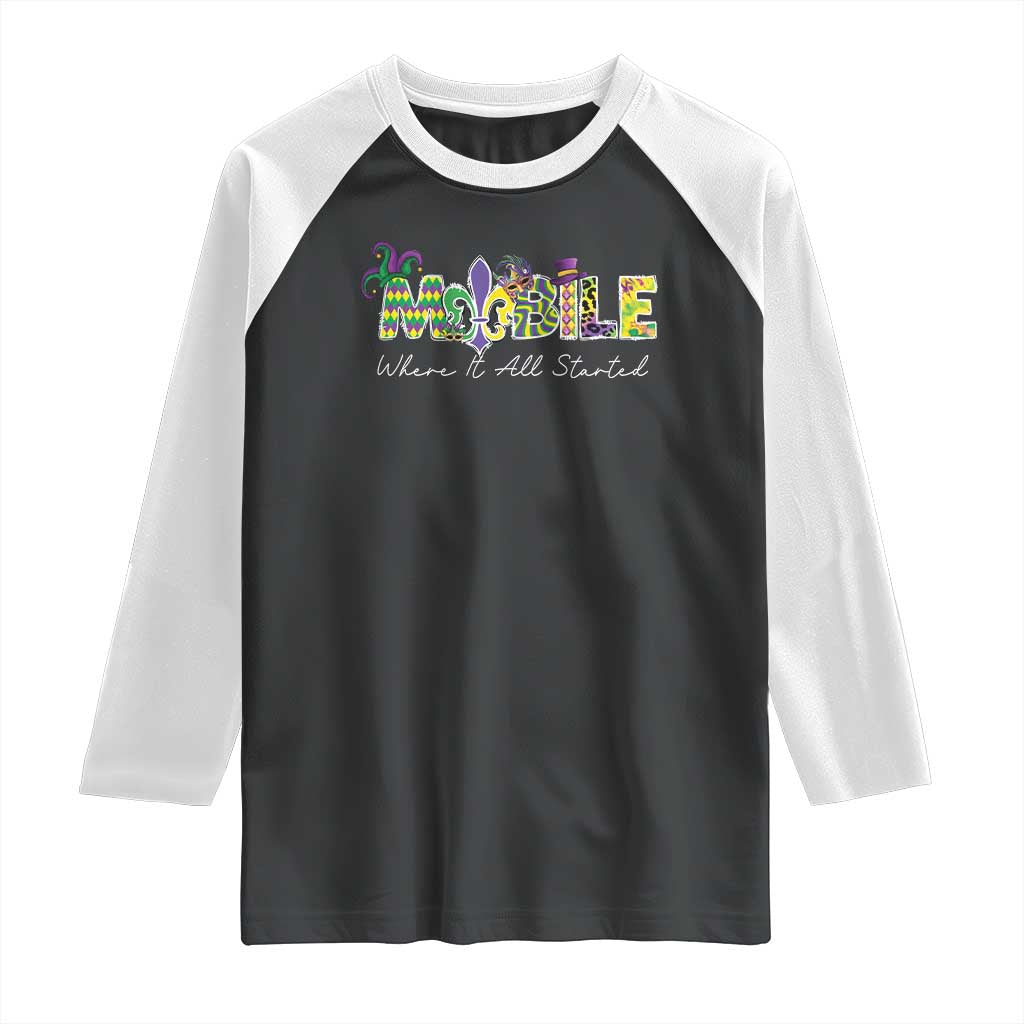 Funny Mardi Gras In Mobile Alabama Raglan Shirt Mobile Where It All Started Jester Hat Fleur De Lis