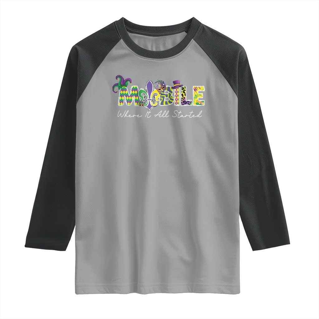 Funny Mardi Gras In Mobile Alabama Raglan Shirt Mobile Where It All Started Jester Hat Fleur De Lis