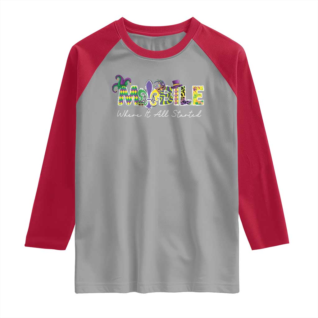 Funny Mardi Gras In Mobile Alabama Raglan Shirt Mobile Where It All Started Jester Hat Fleur De Lis