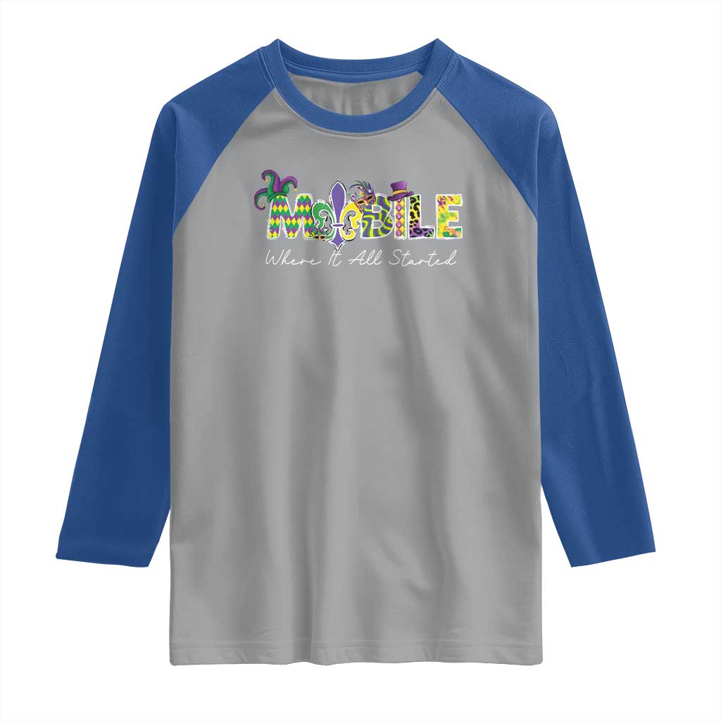 Funny Mardi Gras In Mobile Alabama Raglan Shirt Mobile Where It All Started Jester Hat Fleur De Lis