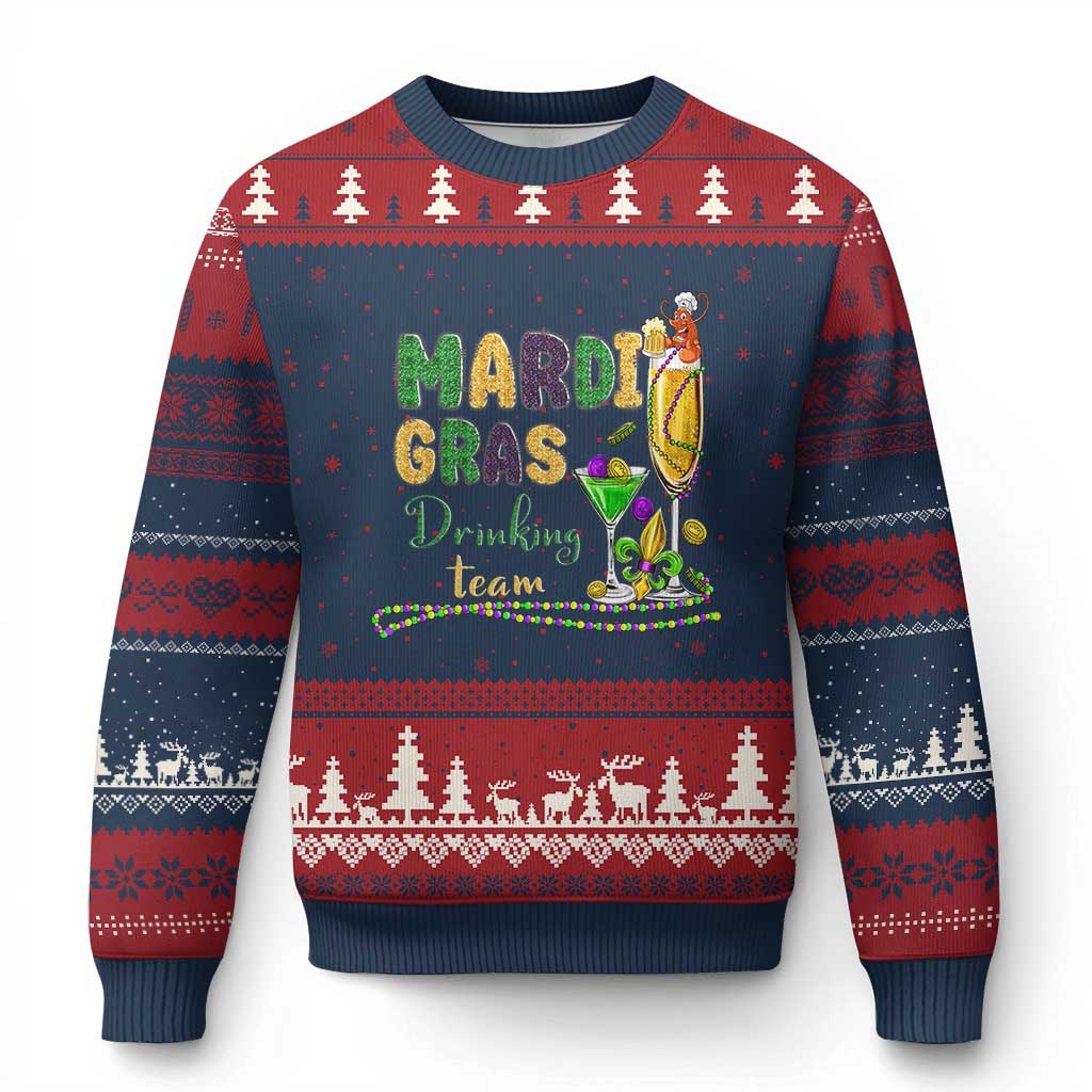 Funny Mardi Gras Drinking Team Ugly Christmas Sweater Cocktails Wine Crawfish Beads Glitter Print