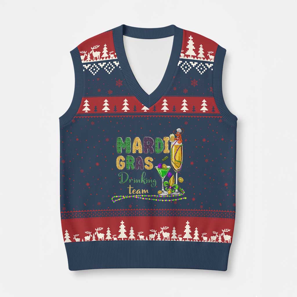 Funny Mardi Gras Drinking Team V-Neck Knit Sweater Vest Cocktails Wine Crawfish Beads Glitter Print
