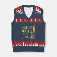 Funny Mardi Gras Drinking Team V-Neck Knit Sweater Vest Cocktails Wine Crawfish Beads Glitter Print
