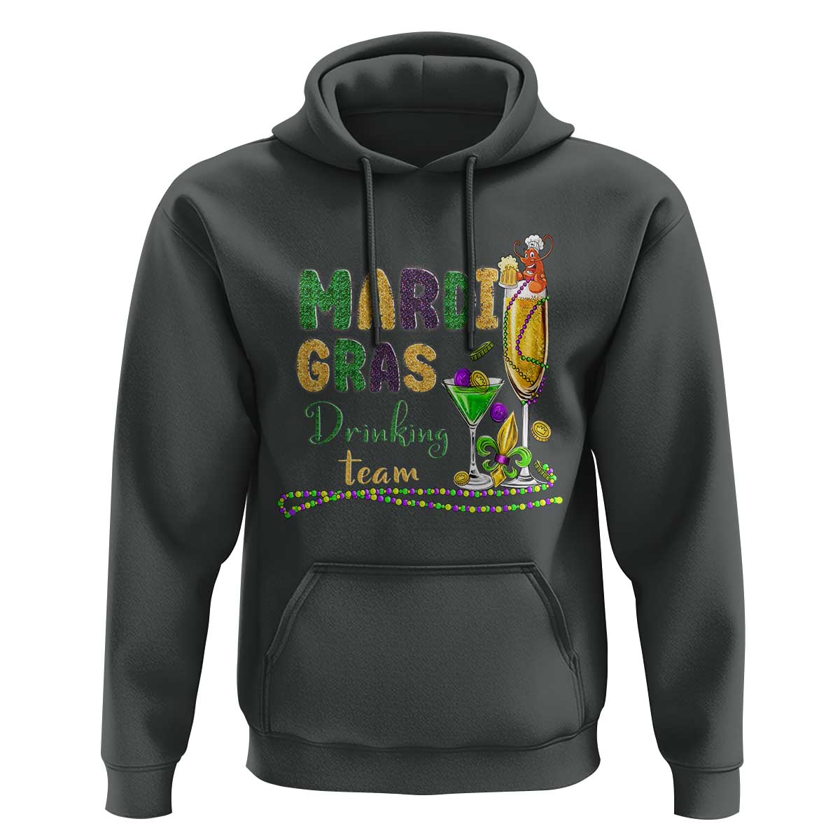 Funny Mardi Gras Drinking Team Hoodie Cocktails Wine Crawfish Beads Glitter Print