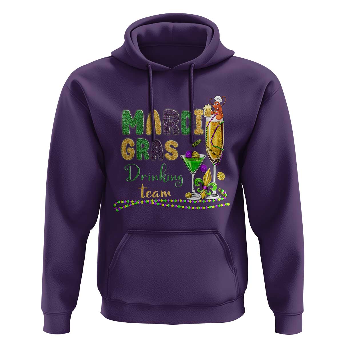 Funny Mardi Gras Drinking Team Hoodie Cocktails Wine Crawfish Beads Glitter Print