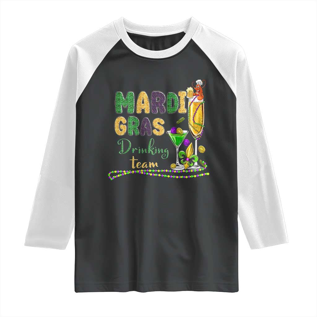 Funny Mardi Gras Drinking Team Raglan Shirt Cocktails Wine Crawfish Beads Glitter Print