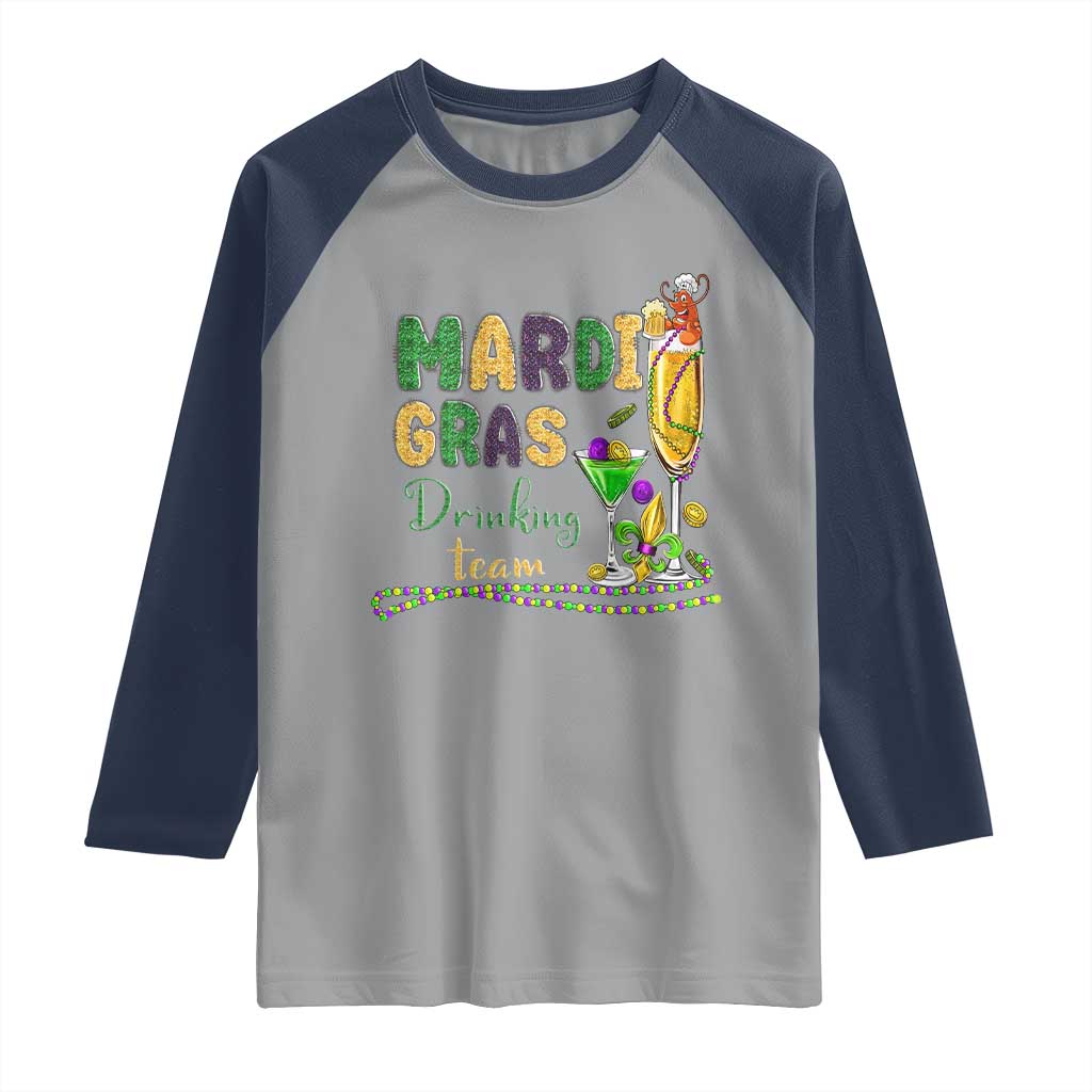 Funny Mardi Gras Drinking Team Raglan Shirt Cocktails Wine Crawfish Beads Glitter Print