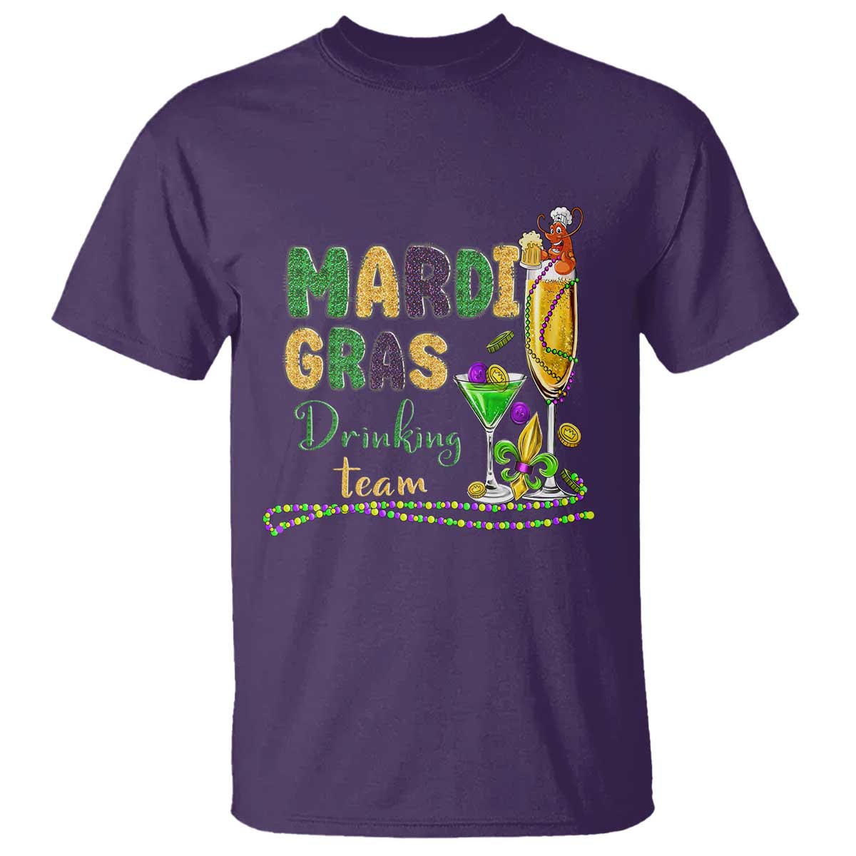 Funny Mardi Gras Drinking Team T Shirt Cocktails Wine Crawfish Beads Glitter Print