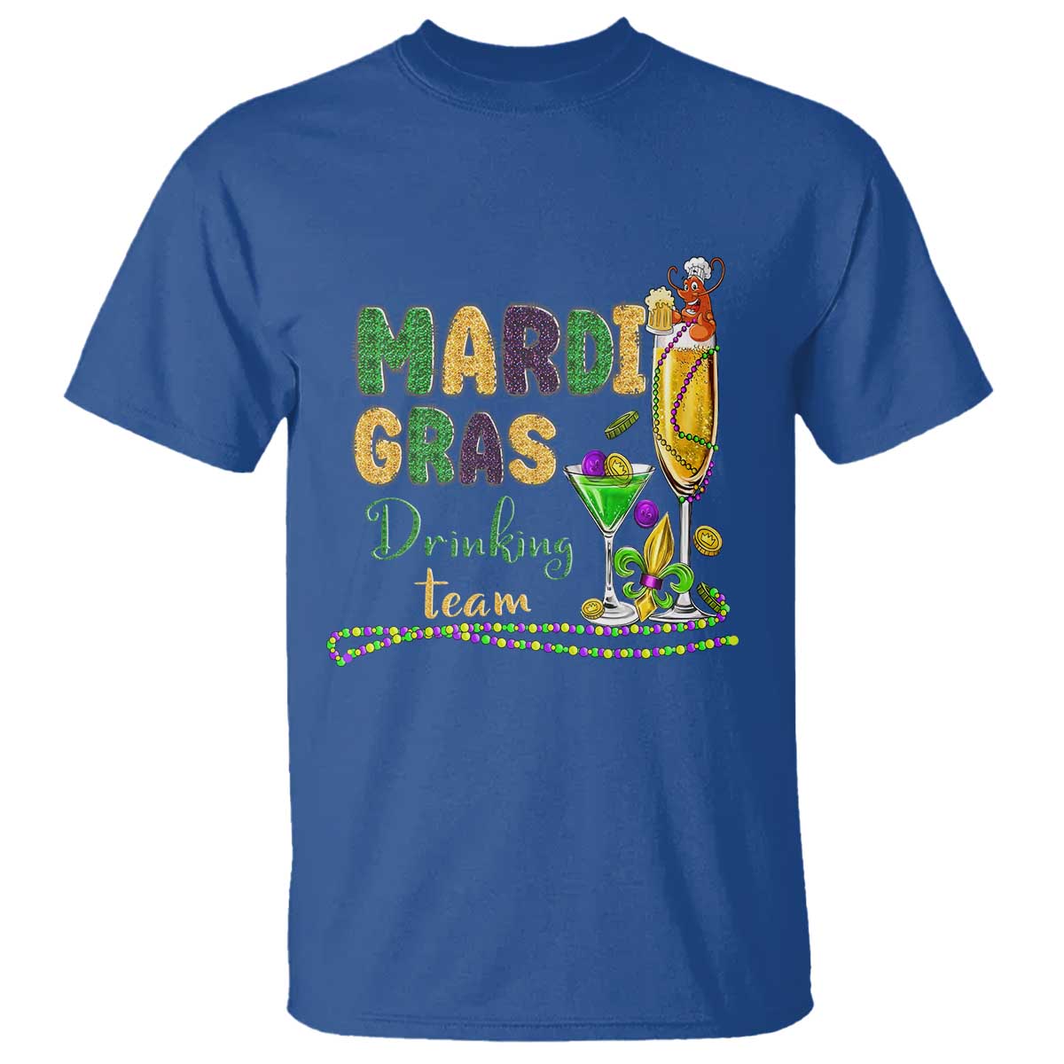 Funny Mardi Gras Drinking Team T Shirt Cocktails Wine Crawfish Beads Glitter Print