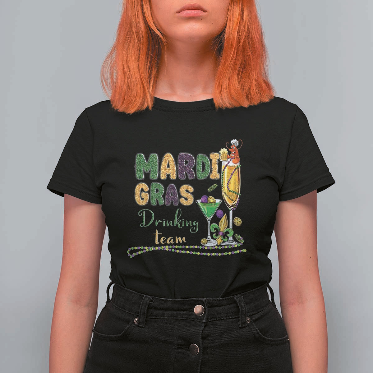 Funny Mardi Gras Drinking Team T Shirt For Women Cocktails Wine Crawfish Beads Glitter Print