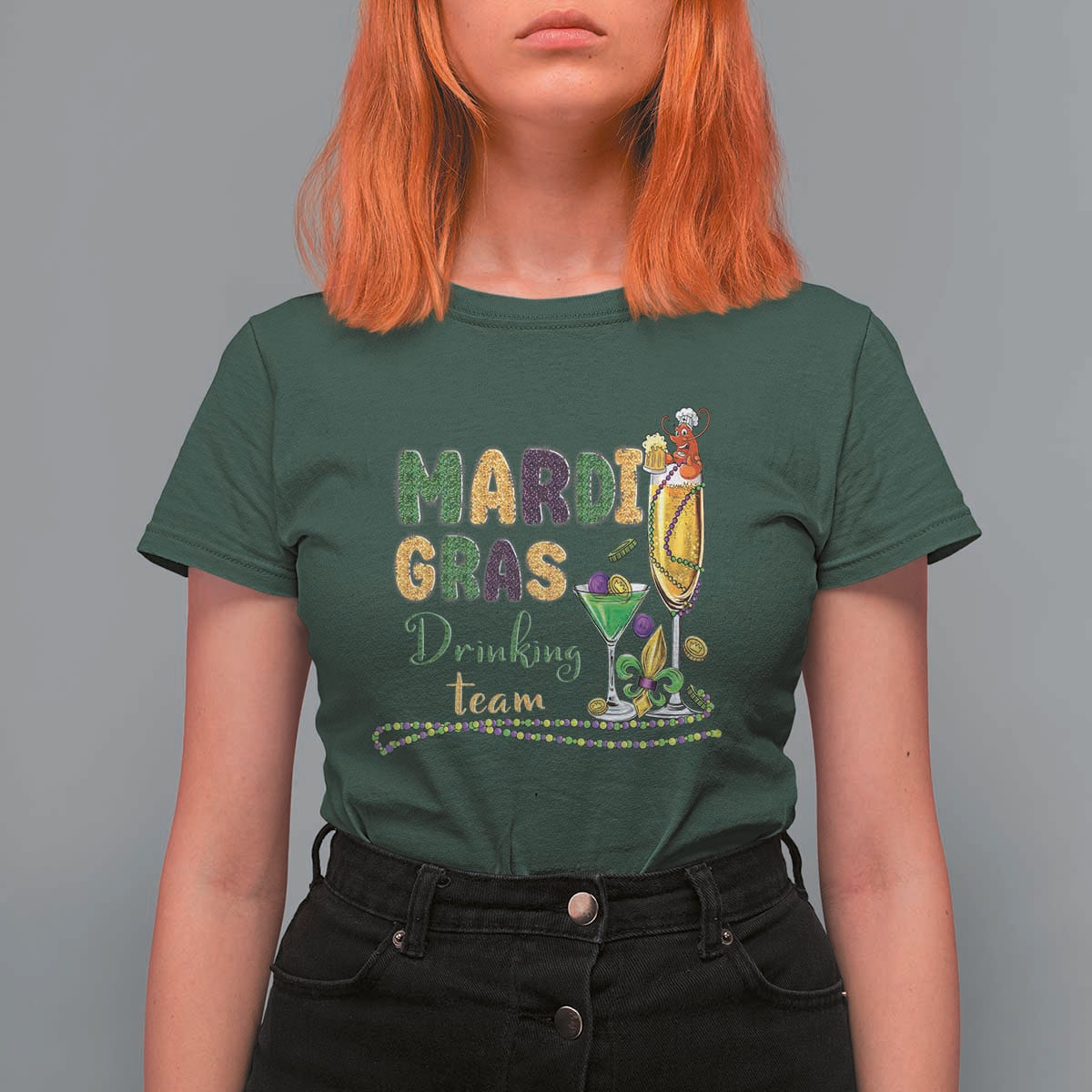 Funny Mardi Gras Drinking Team T Shirt For Women Cocktails Wine Crawfish Beads Glitter Print