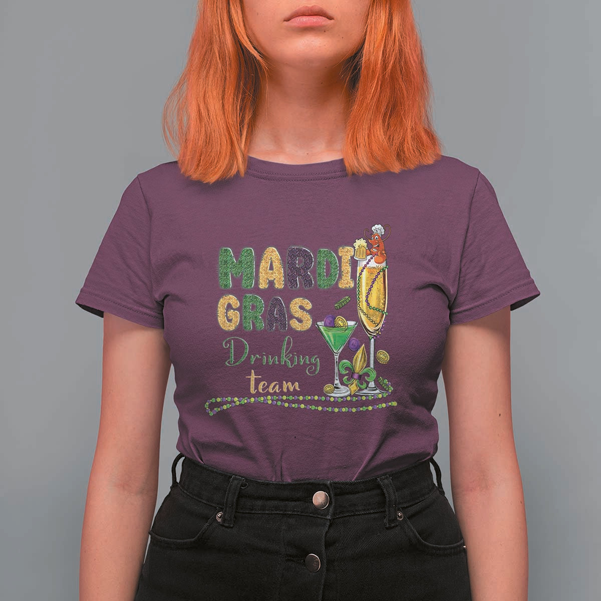 Funny Mardi Gras Drinking Team T Shirt For Women Cocktails Wine Crawfish Beads Glitter Print
