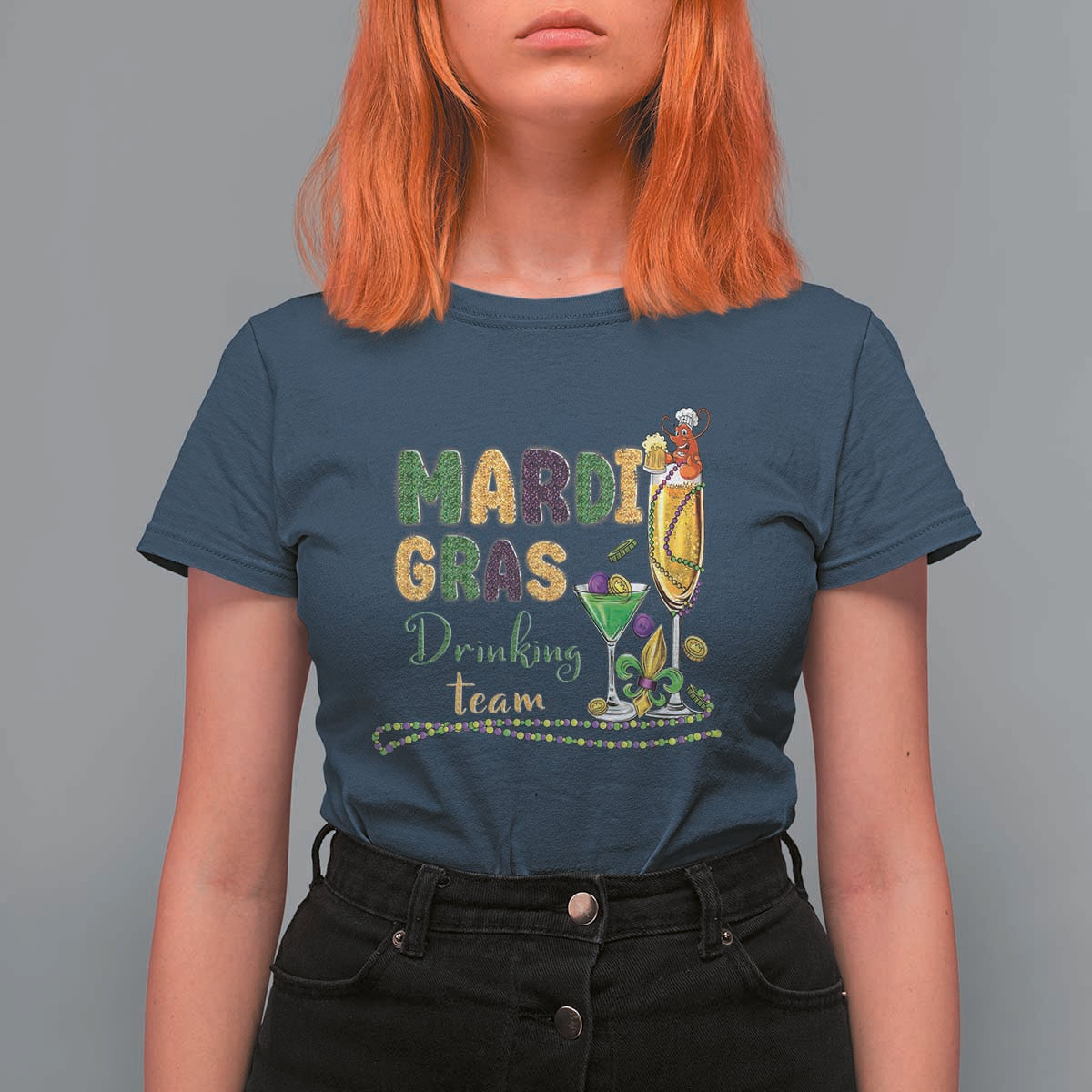 Funny Mardi Gras Drinking Team T Shirt For Women Cocktails Wine Crawfish Beads Glitter Print