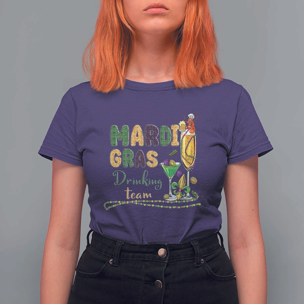 Funny Mardi Gras Drinking Team T Shirt For Women Cocktails Wine Crawfish Beads Glitter Print
