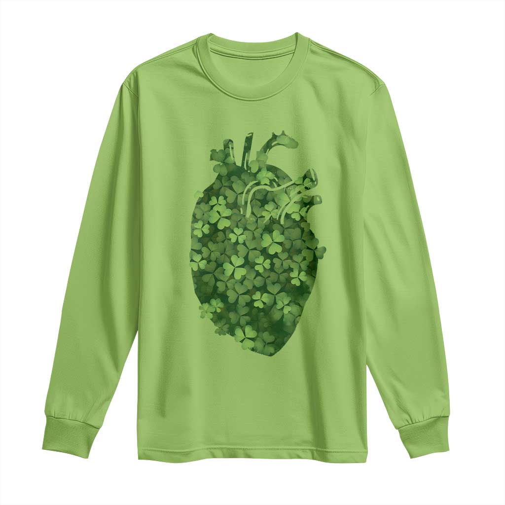Funny St Patrick's Day Shamrock Heart Cardiac Nurse Anatomy Long Sleeve Shirt