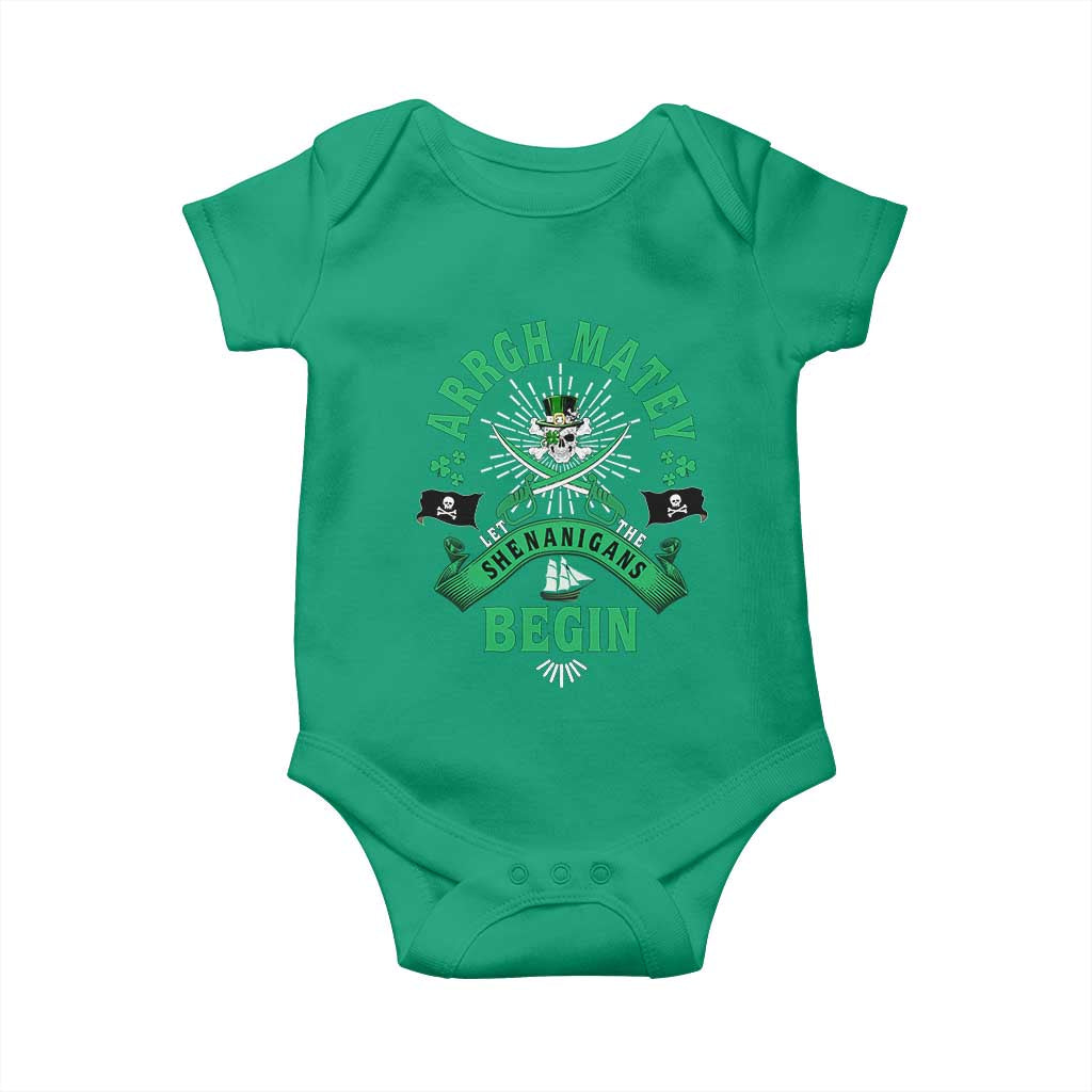 Funny St Patrick's Day Pirate Baby Onesie Arrgh Matey Let The Shenanigans Begin Shamrock
