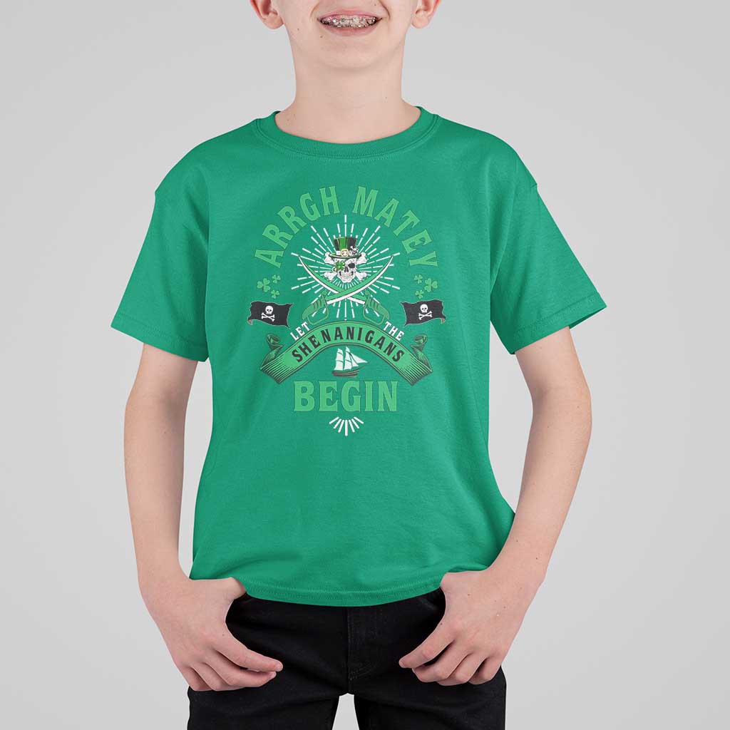 Funny St Patrick's Day Pirate T Shirt For Kid Arrgh Matey Let The Shenanigans Begin Shamrock