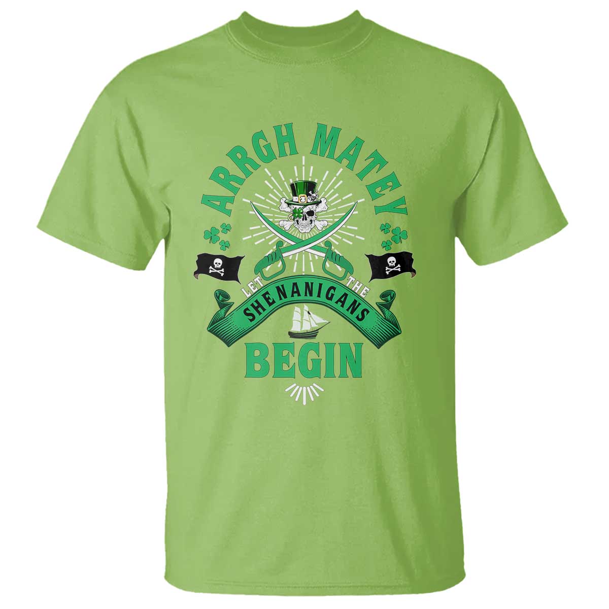 Funny St Patrick's Day Pirate T Shirt Arrgh Matey Let The Shenanigans Begin Shamrock