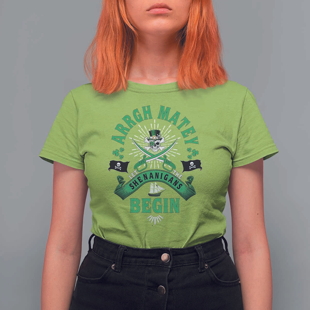 Funny St Patrick's Day Pirate T Shirt For Women Arrgh Matey Let The Shenanigans Begin Shamrock