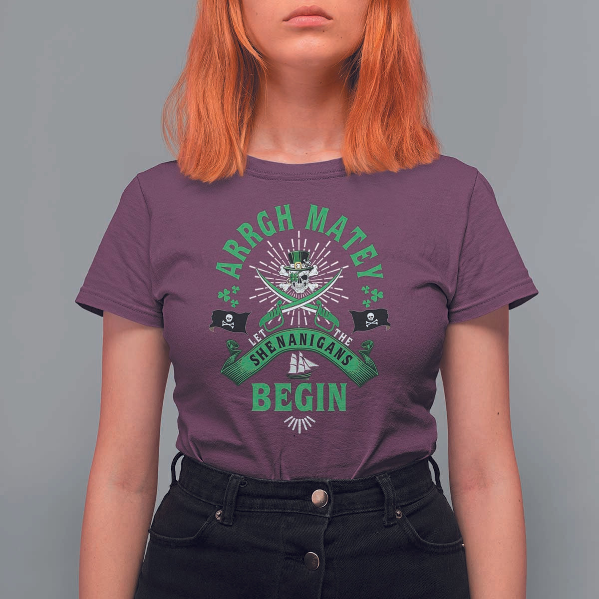Funny St Patrick's Day Pirate T Shirt For Women Arrgh Matey Let The Shenanigans Begin Shamrock