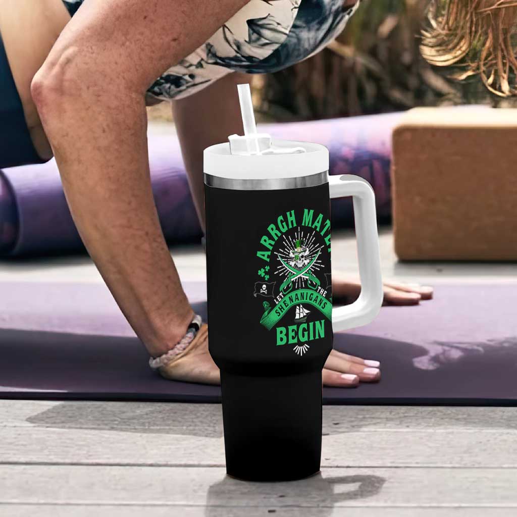 Funny St Patrick's Day Pirate Tumbler With Handle Arrgh Matey Let The Shenanigans Begin Shamrock