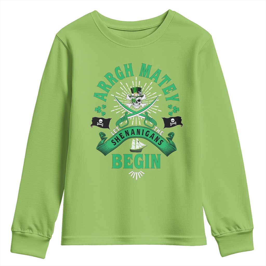 Funny St Patrick's Day Pirate Youth Sweatshirt Arrgh Matey Let The Shenanigans Begin Shamrock