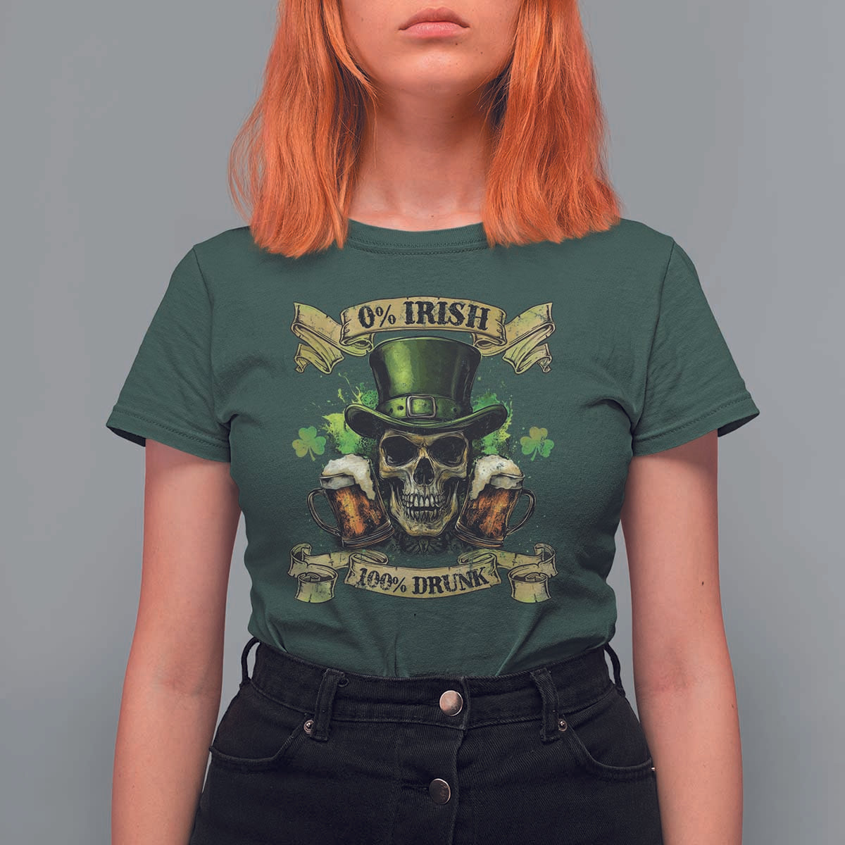 Funny St Patrick's Day Irish Beer Drinking T Shirt For Women 0% Irish 100% Drunk Skull