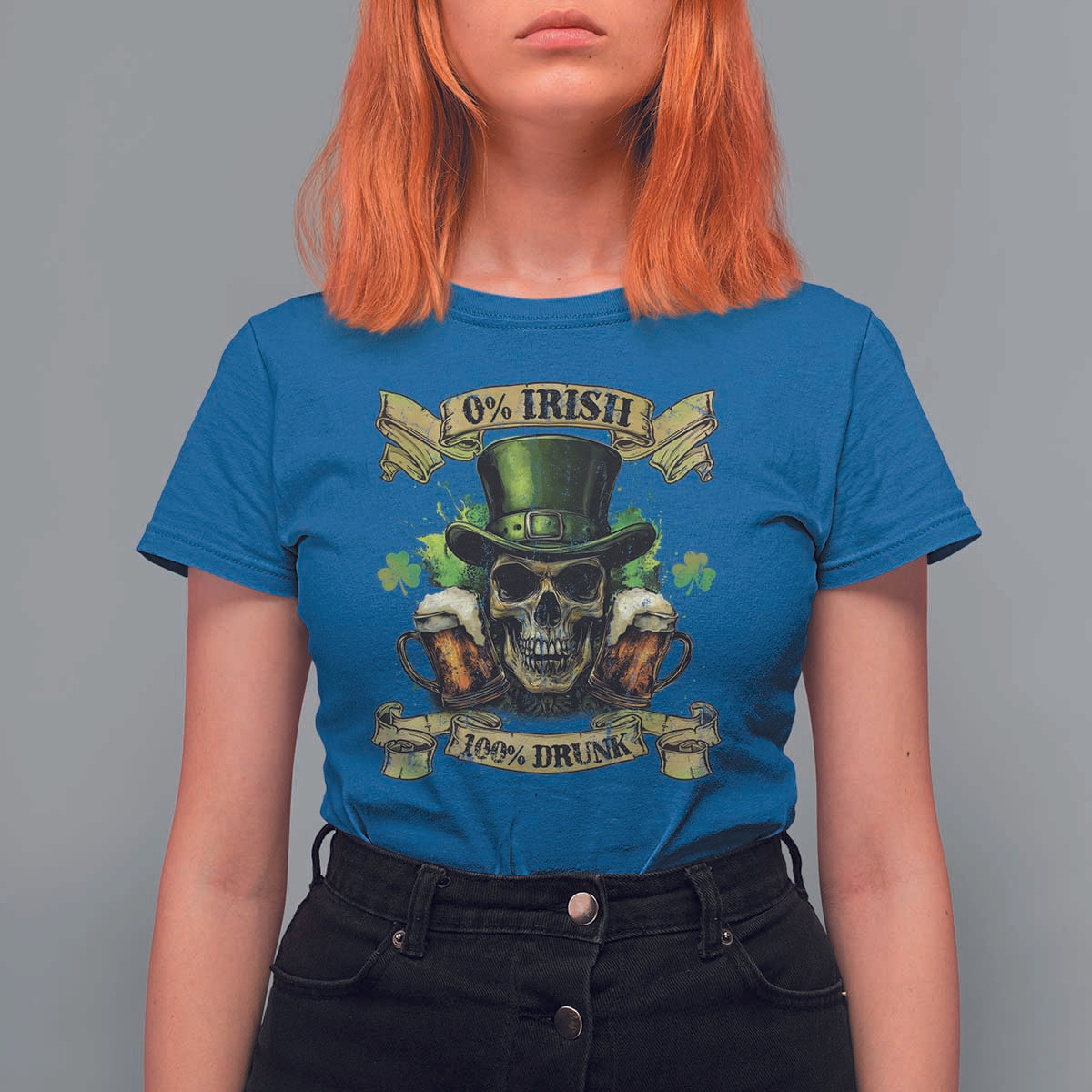 Funny St Patrick's Day Irish Beer Drinking T Shirt For Women 0% Irish 100% Drunk Skull
