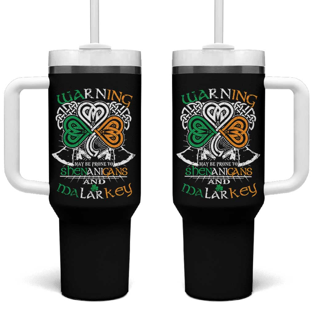 Funny Warning May Be Prone To Shenanigans And Malarkey Tumbler With Handle St Patrick's Day Celtic Shamrock