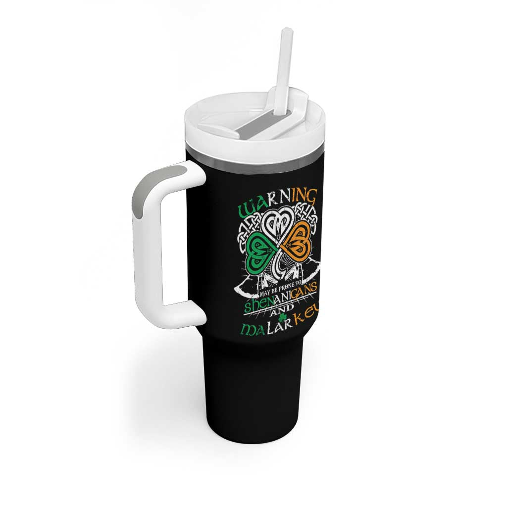 Funny Warning May Be Prone To Shenanigans And Malarkey Tumbler With Handle St Patrick's Day Celtic Shamrock