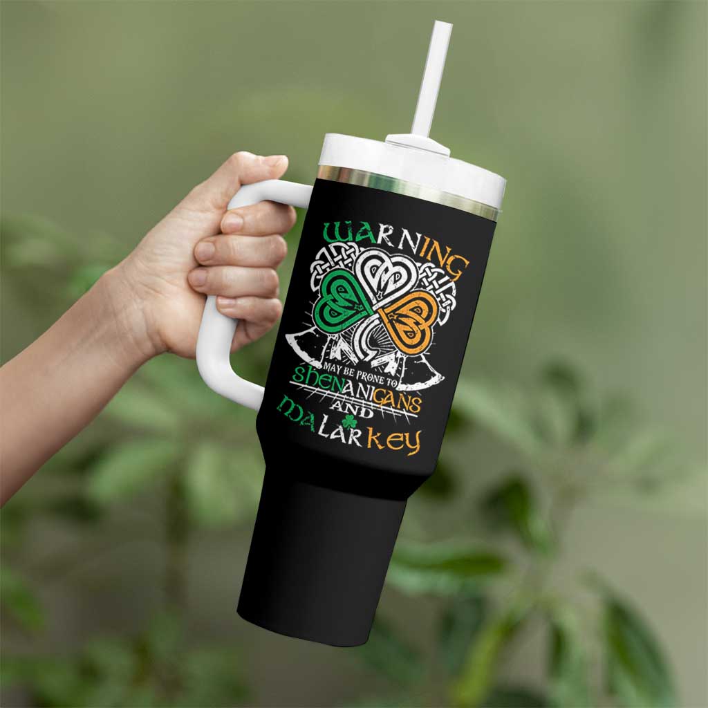 Funny Warning May Be Prone To Shenanigans And Malarkey Tumbler With Handle St Patrick's Day Celtic Shamrock
