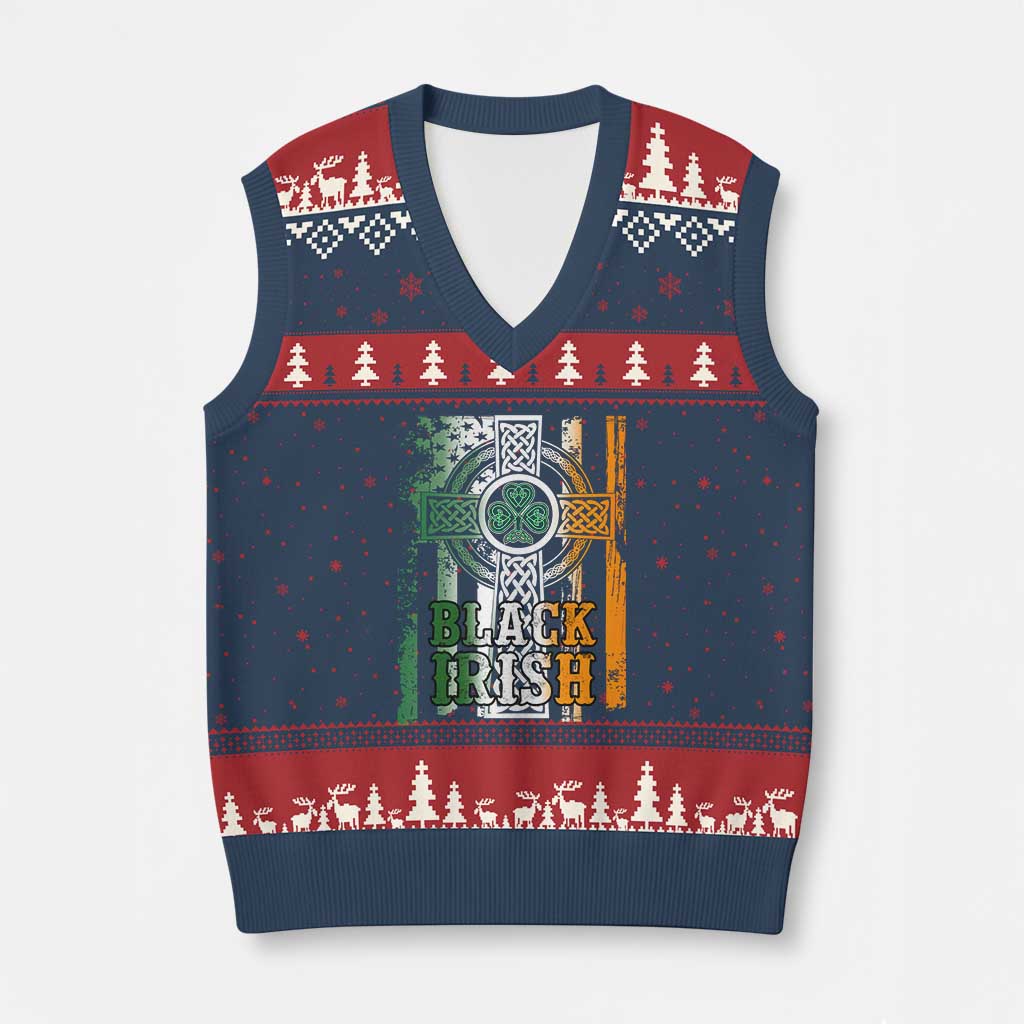 St Patrick's Day Black Irish V-Neck Knit Sweater Vest Vintage American Flag Celtic Cross - Wonder Print Shop