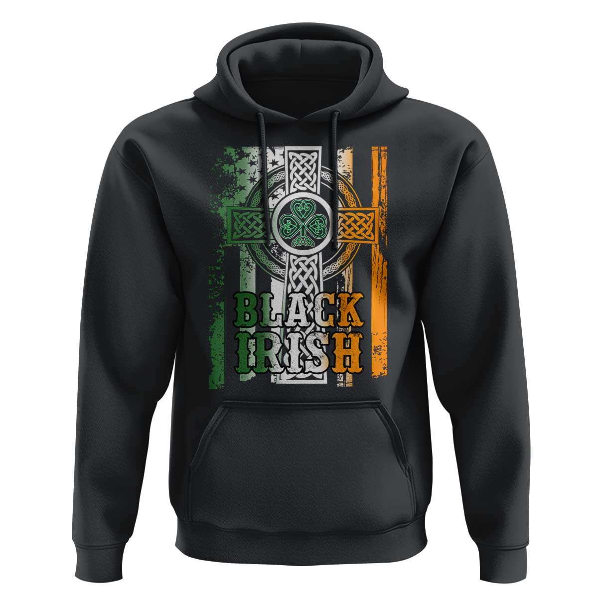 St Patrick's Day Black Irish Hoodie Vintage American Flag Celtic Cross