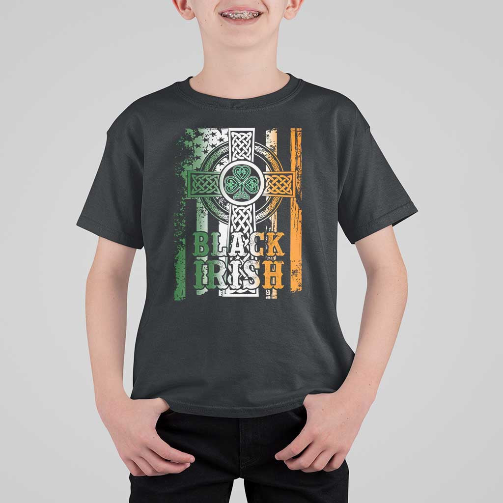 St Patrick's Day Black Irish T Shirt For Kid Vintage American Flag Celtic Cross