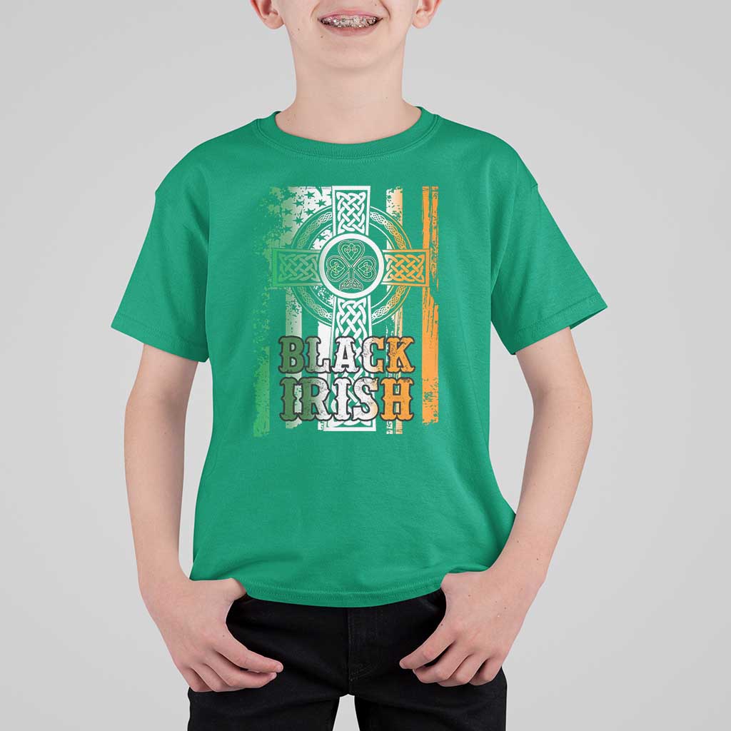 St Patrick's Day Black Irish T Shirt For Kid Vintage American Flag Celtic Cross